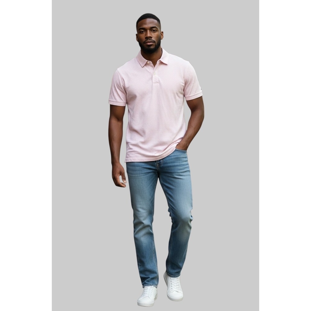 Tommy Hilfiger Mens‎ Slim Fit Stretch Polo Shirt Pink White Striped Large NWT